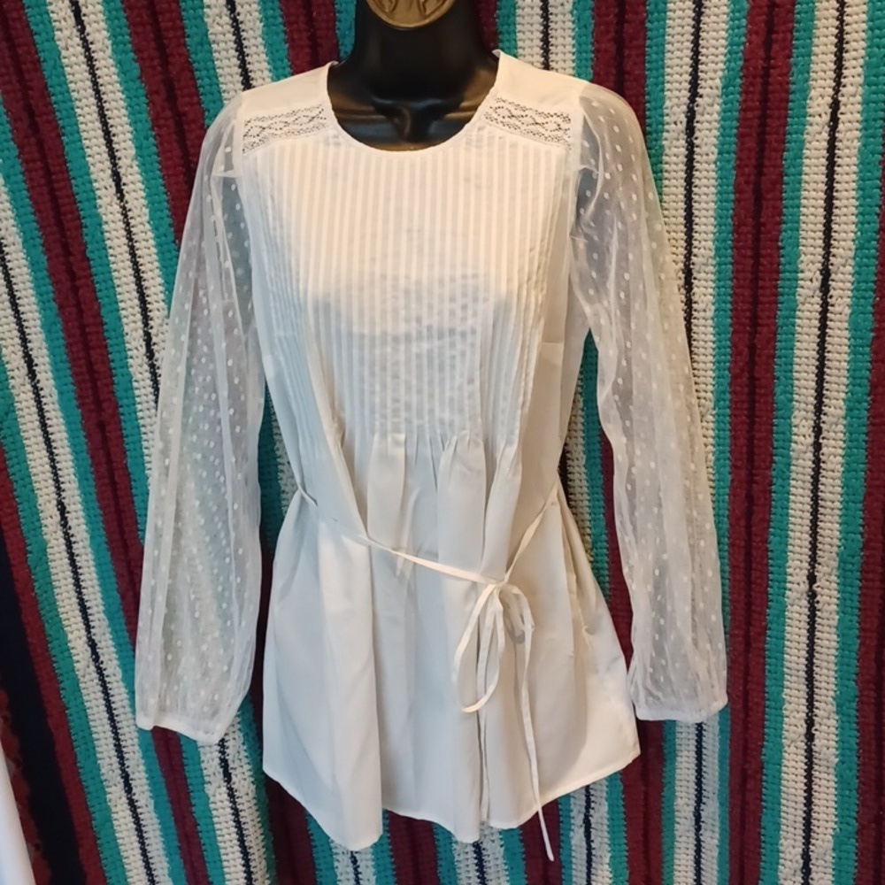 Motherhood Maternity White Tie Waist Blouse with Lace Detailed Sleeves, EUC